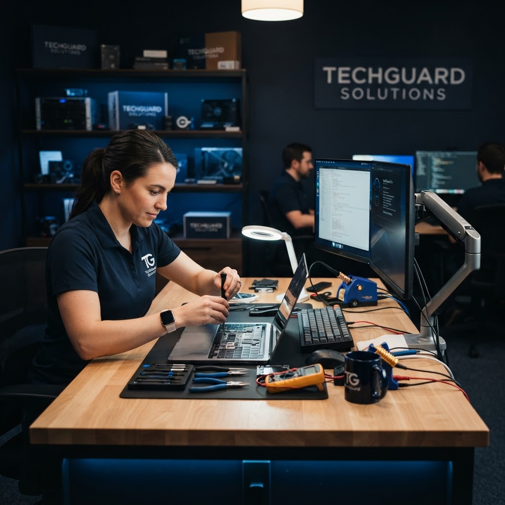 A modern computer service workspace with monitors and repair tools