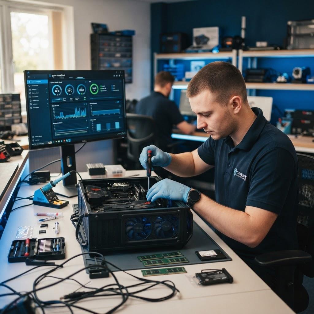A technician working at a tidy computer workbench