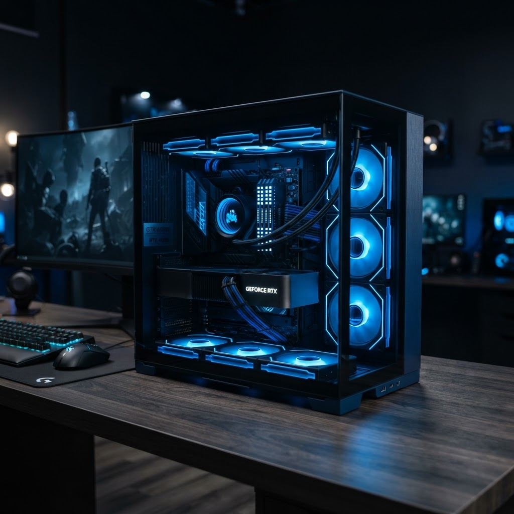 A custom desktop PC with a glass side panel showing internal components lit with blue lighting