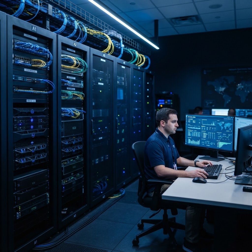 A modern IT server room with network racks and system dashboards