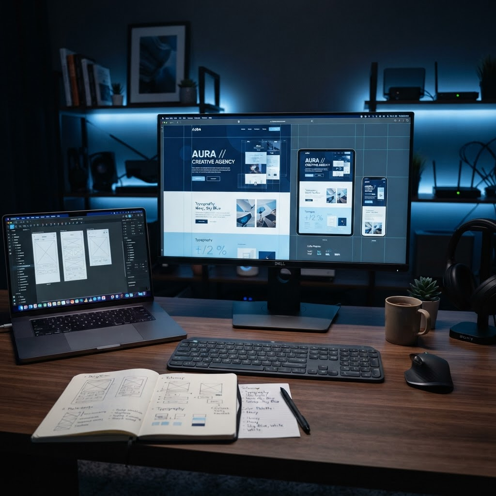 A web designer's workspace showing a responsive website layout on a monitor and laptop
