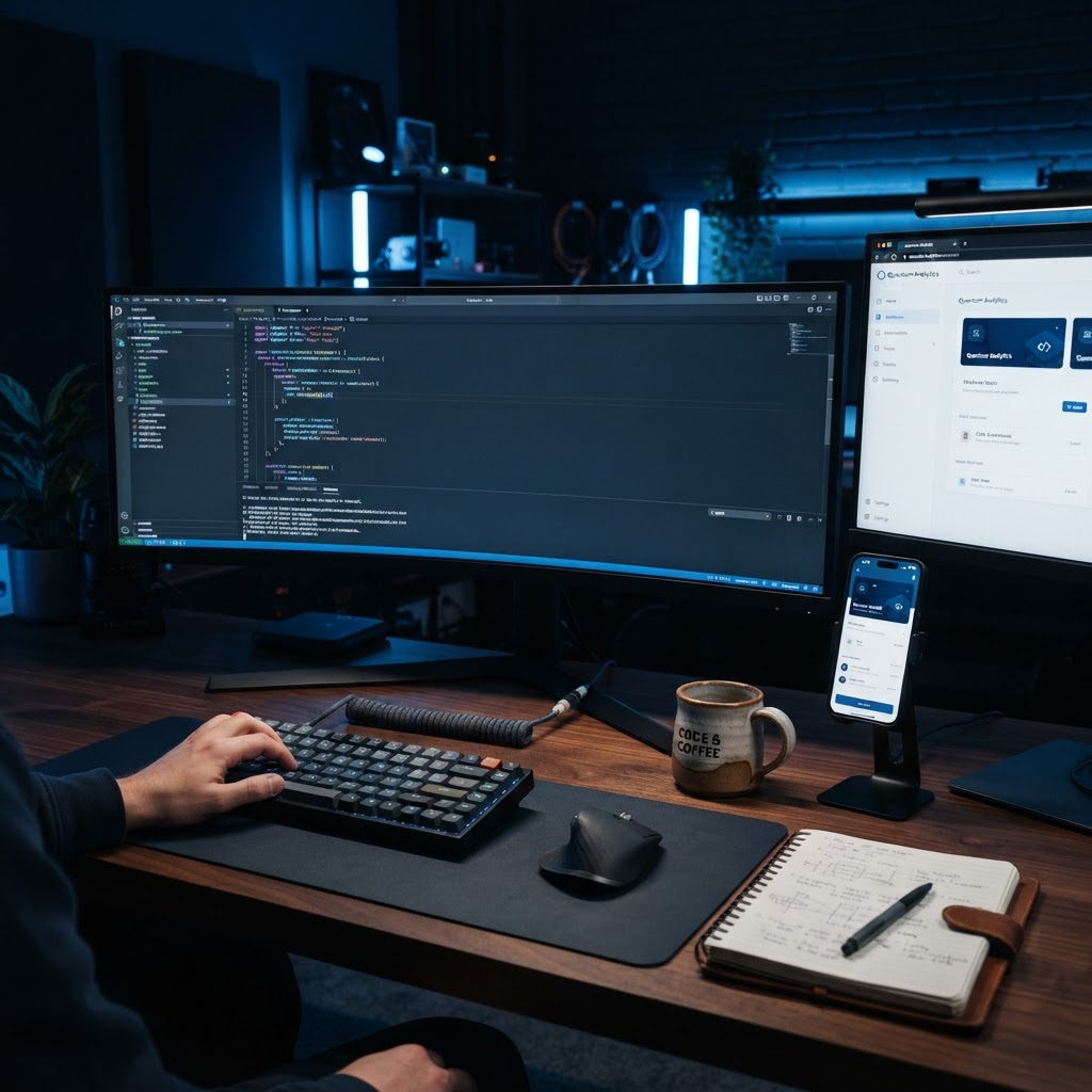 A software developer's workspace showing code and a web and mobile app interface on screen